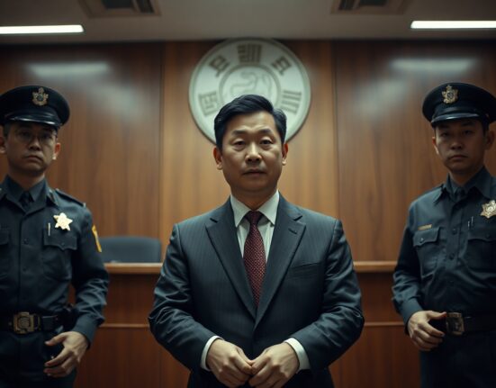 A man in handcuffs in a South Korean courtroom, indicted for laundering $554 million through Huione Pay.