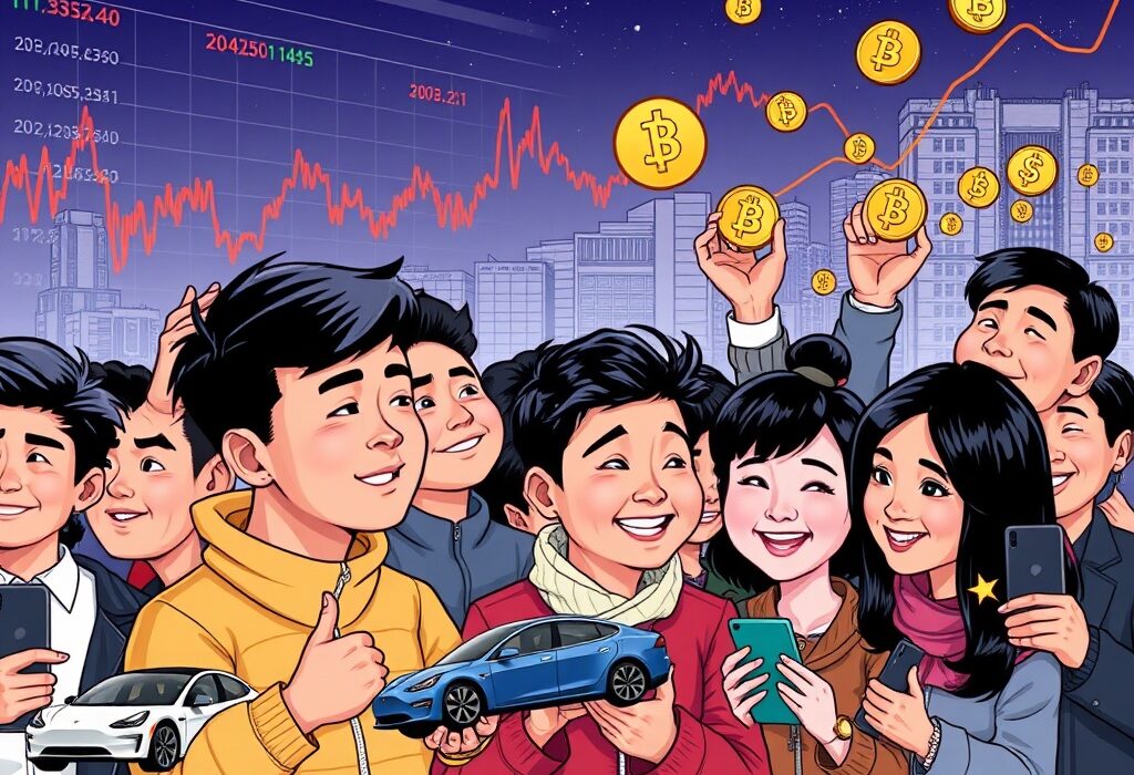 Cartoon illustration showing South Korean retail investors moving their focus from traditional stocks to cryptocurrency investments.