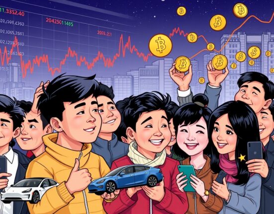 Cartoon illustration showing South Korean retail investors moving their focus from traditional stocks to cryptocurrency investments.