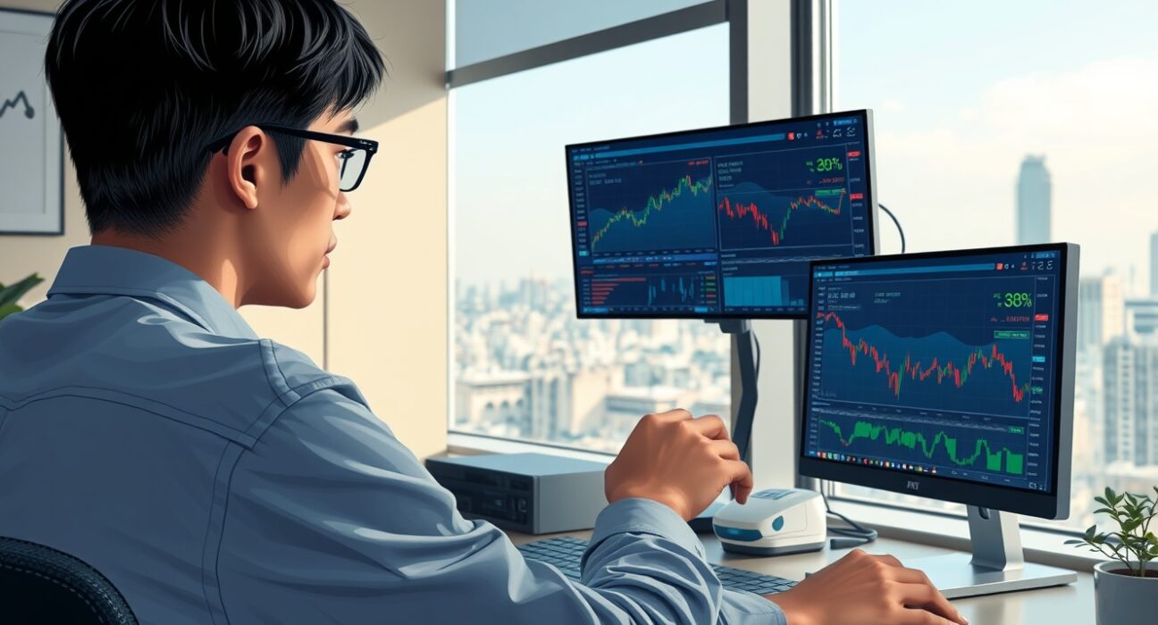 A South Korean retail investor analyzes cryptocurrency and ETF market data on trading screens.