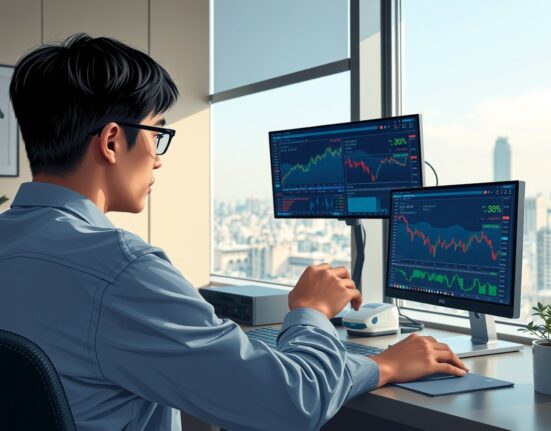A South Korean retail investor analyzes cryptocurrency and ETF market data on trading screens.