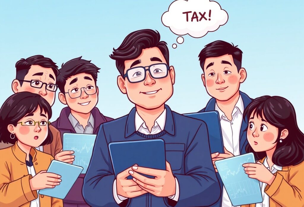 A cartoon illustration showing South Korean investors confidently navigating crypto markets despite upcoming tax changes, highlighting their unwavering strategy.