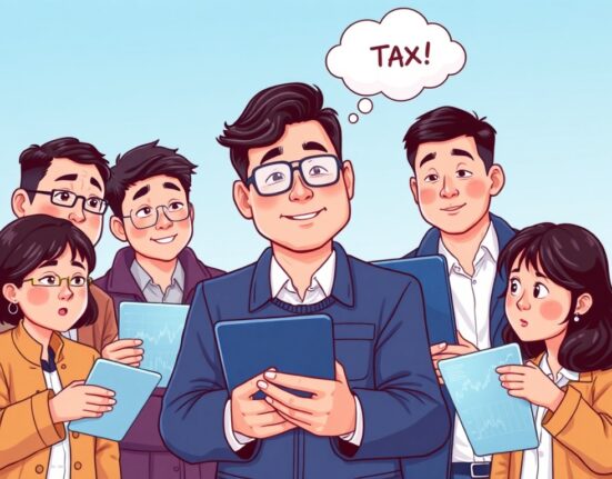 A cartoon illustration showing South Korean investors confidently navigating crypto markets despite upcoming tax changes, highlighting their unwavering strategy.