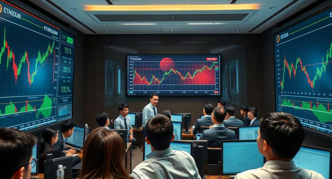 Traders on a Seoul trading floor monitoring Bitcoin and Ethereum price charts on large screens