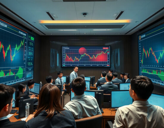 Traders on a Seoul trading floor monitoring Bitcoin and Ethereum price charts on large screens