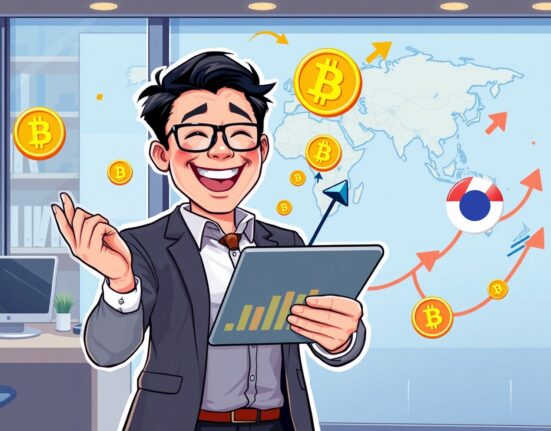 A vibrant cartoon illustrating the explosive growth of South Korean investment in overseas crypto stocks.