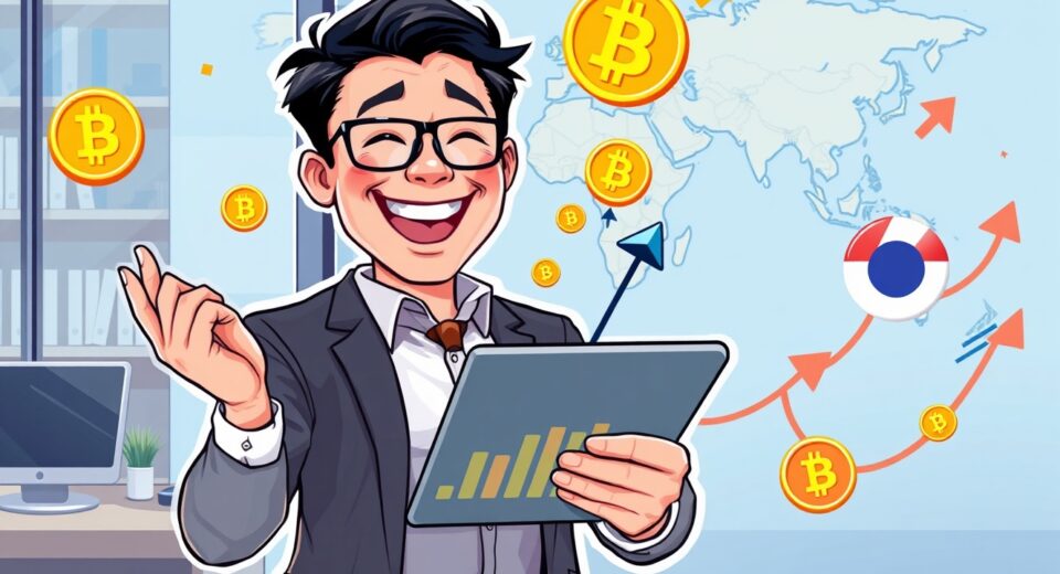 A vibrant cartoon illustrating the explosive growth of South Korean investment in overseas crypto stocks.