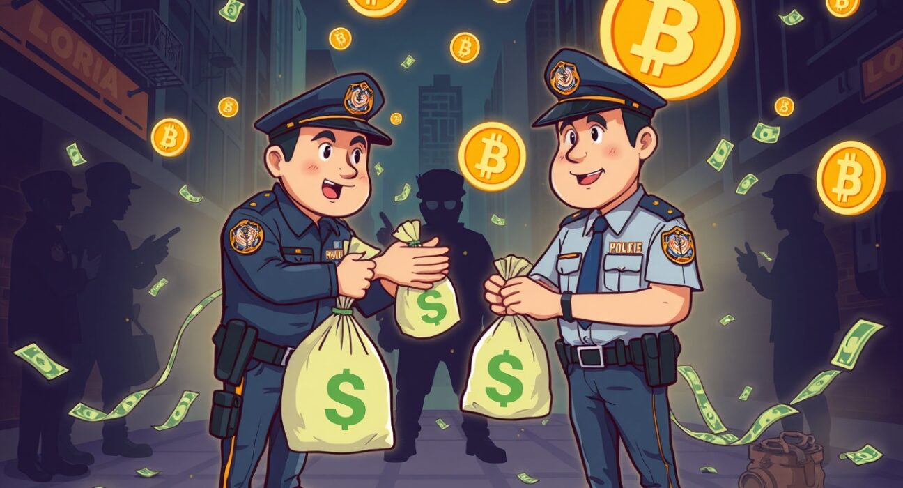 Cartoon illustration of police officers taking bribes from crypto launderers in urban setting