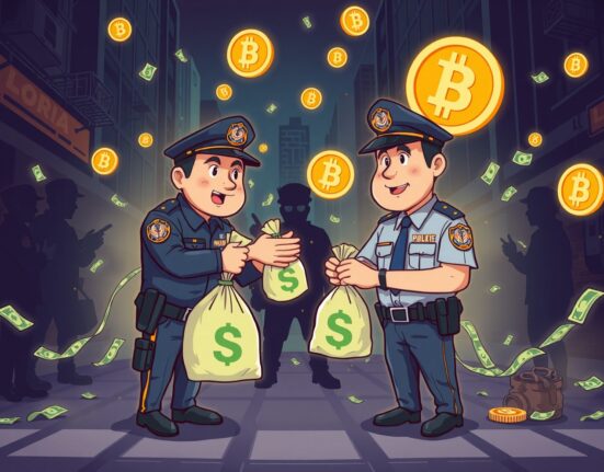 Cartoon illustration of police officers taking bribes from crypto launderers in urban setting
