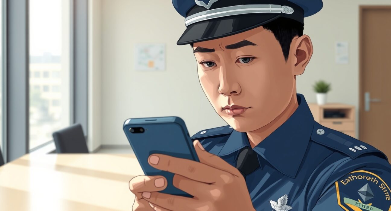 South Korean police officer investigating social media cryptocurrency fraud on a smartphone