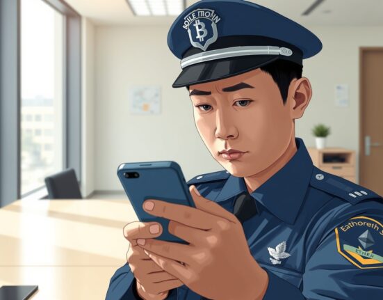 South Korean police officer investigating social media cryptocurrency fraud on a smartphone