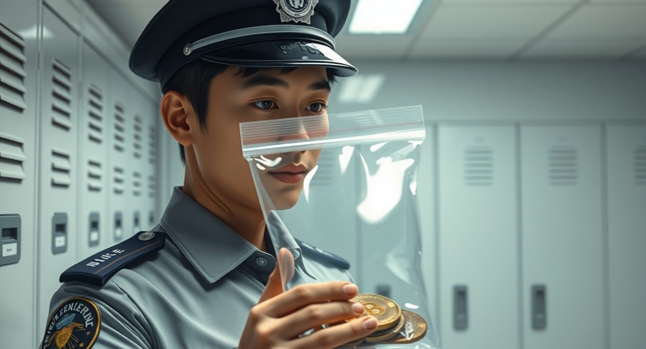 South Korean police officer examining seized cryptocurrency evidence in secure facility