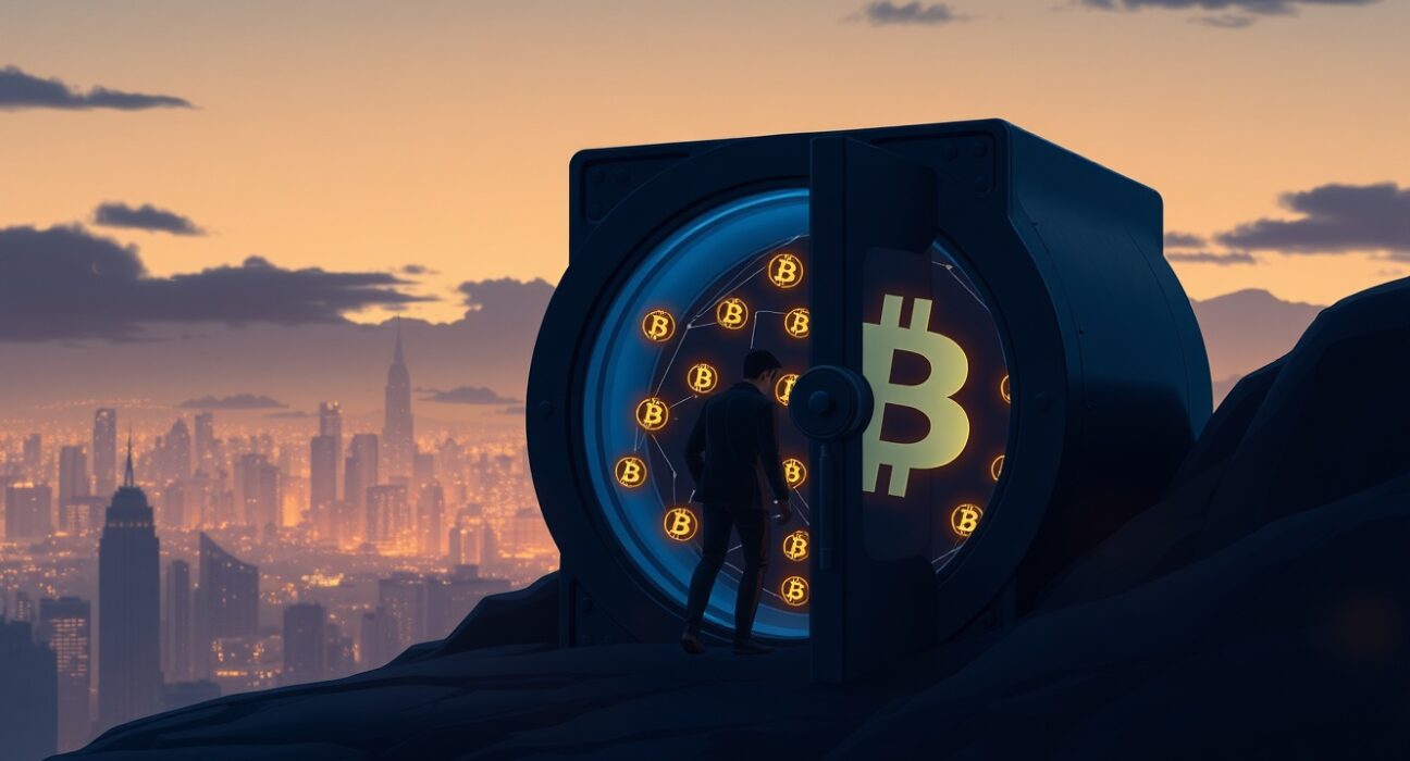 A Ghibli-style illustration of a digital Bitcoin vault breach, symbolizing the $28.8M cryptocurrency hack.