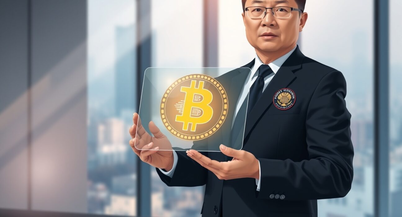 South Korean prosecutor holding a tablet displaying Bitcoin, representing the seizure and sale of stolen cryptocurrency.