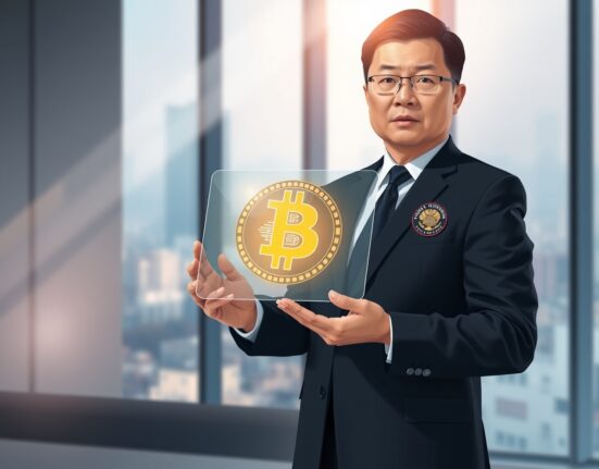 South Korean prosecutor holding a tablet displaying Bitcoin, representing the seizure and sale of stolen cryptocurrency.