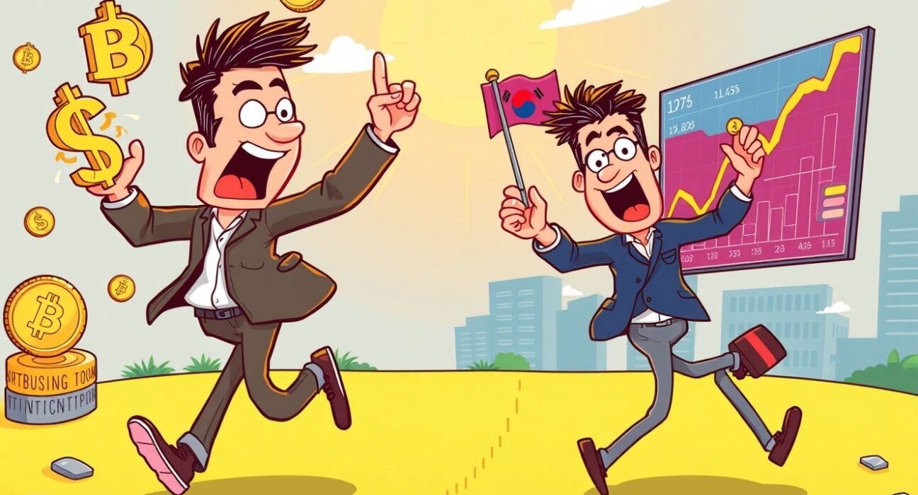 South Korean retail investors transitioning from cryptocurrency to stock market trading in vibrant illustration