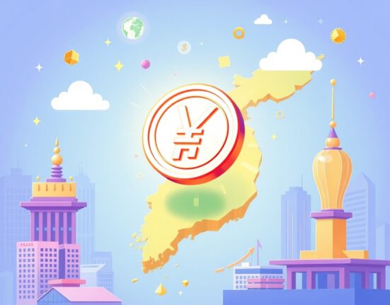 A cartoon illustration showing a South Korean stablecoin concept, symbolizing Kaia's innovative step into digital finance.