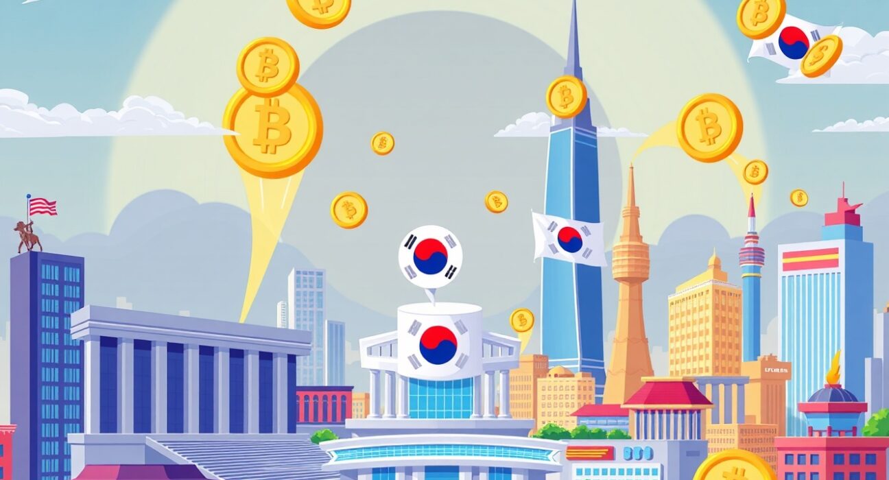 South Korean stablecoin regulation depicted as collaborative progress between government and finance in a vibrant digital city.