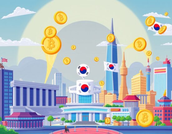 South Korean stablecoin regulation depicted as collaborative progress between government and finance in a vibrant digital city.