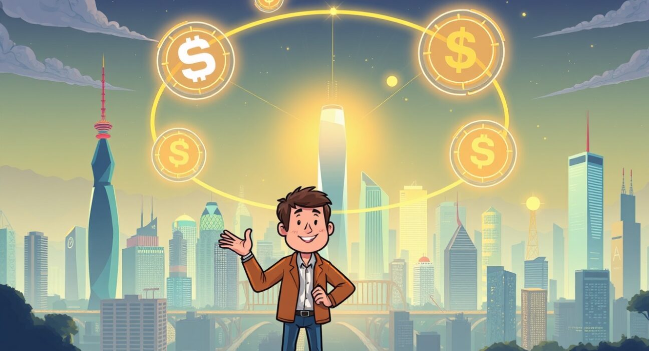 A cartoon illustration of South Korean stablecoins gaining momentum in a digital economy, highlighting their future potential.