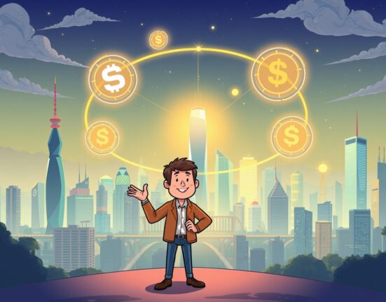A cartoon illustration of South Korean stablecoins gaining momentum in a digital economy, highlighting their future potential.
