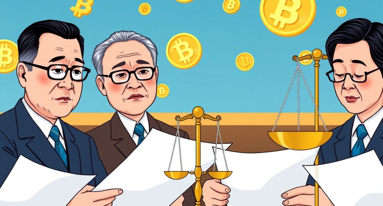 South Korean lawmakers reviewing VASP shareholders regulation with cryptocurrency symbols in background