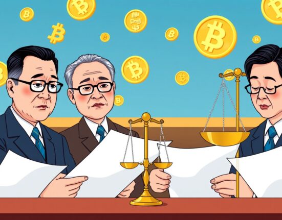 South Korean lawmakers reviewing VASP shareholders regulation with cryptocurrency symbols in background