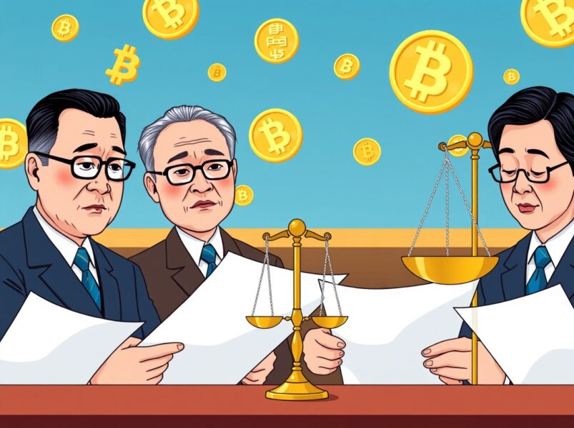 South Korean lawmakers reviewing VASP shareholders regulation with cryptocurrency symbols in background