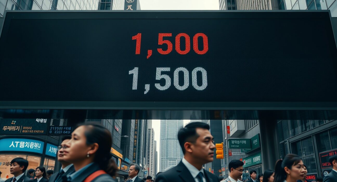 Digital exchange board in Seoul showing USD/KRW rate at 1,500 with blurred traders in foreground