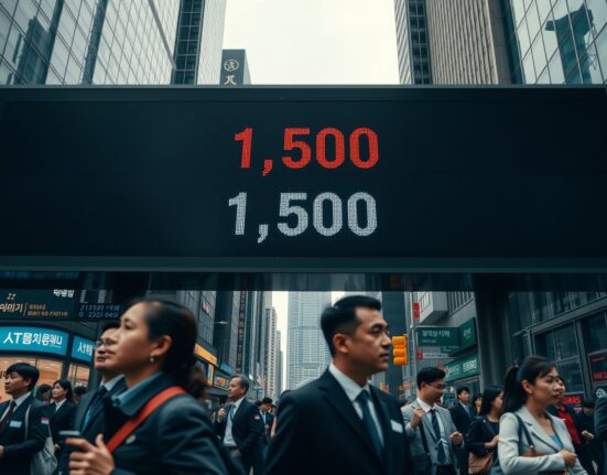 Digital exchange board in Seoul showing USD/KRW rate at 1,500 with blurred traders in foreground