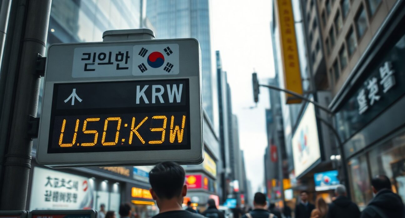 Currency exchange board in Seoul showing South Korean won at a 17-month low against the US dollar