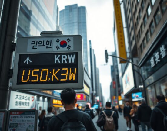 Currency exchange board in Seoul showing South Korean won at a 17-month low against the US dollar