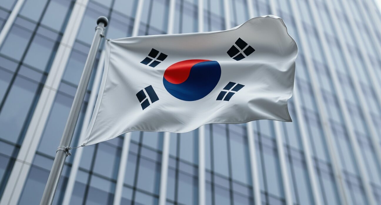South Korean flag in front of modern Seoul office building, representing AI-driven export growth and currency outlook
