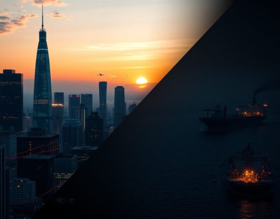 Split visual of Seoul AI infrastructure and oil tankers in the Strait of Hormuz representing competing forces on the South Korean won.