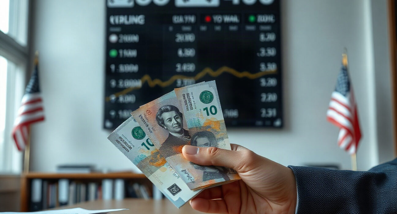 Hands holding South Korean won banknotes with US dollars nearby, representing the USD/KRW exchange rate outlook.