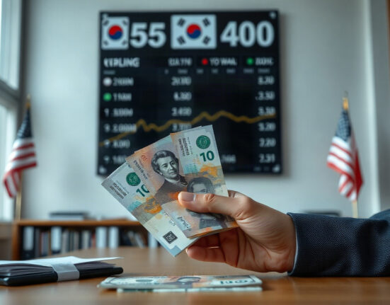Hands holding South Korean won banknotes with US dollars nearby, representing the USD/KRW exchange rate outlook.