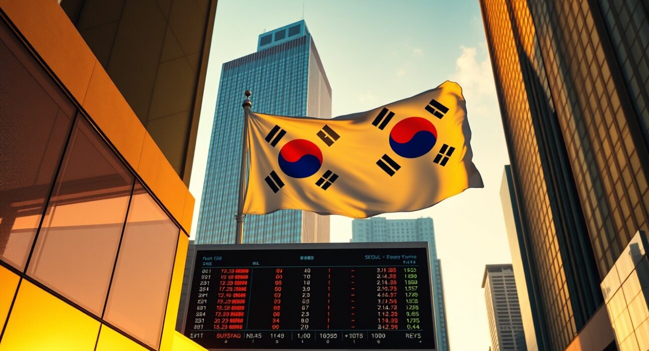 Seoul financial district skyline with South Korean flag, representing strong currency and economic performance.