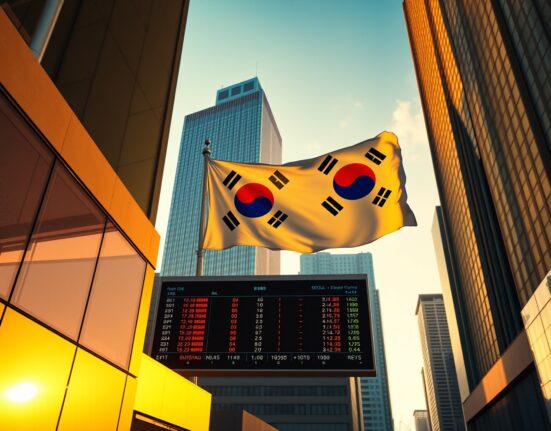 Seoul financial district skyline with South Korean flag, representing strong currency and economic performance.
