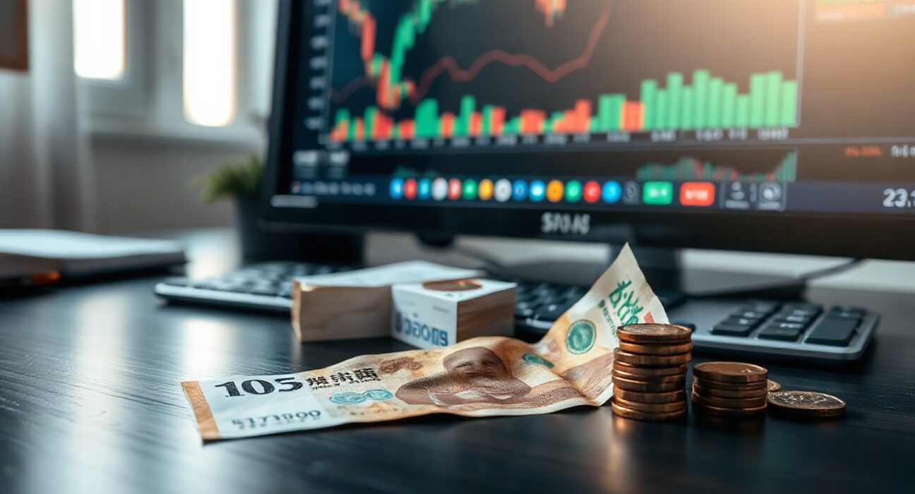 South Korean Won banknotes and coins on a desk with a financial chart on a monitor in the background.