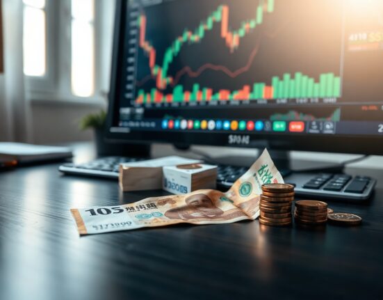 South Korean Won banknotes and coins on a desk with a financial chart on a monitor in the background.