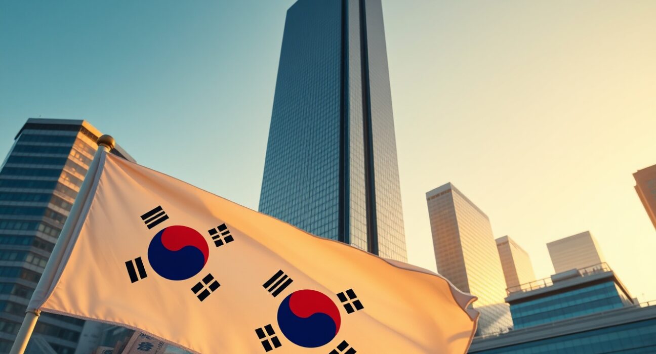 South Korean Won banknotes in foreground with Seoul financial district skyscrapers and flag in background.