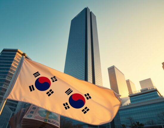 South Korean Won banknotes in foreground with Seoul financial district skyscrapers and flag in background.