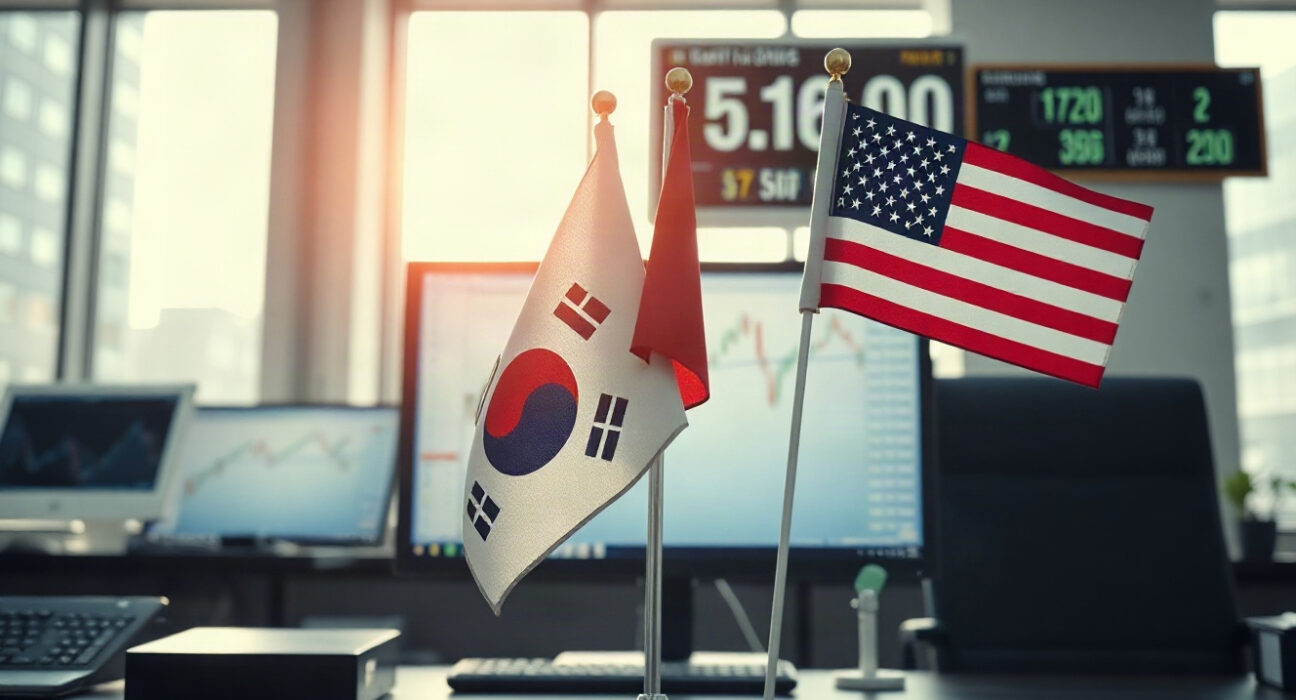 South Korean and US flags with financial charts in background