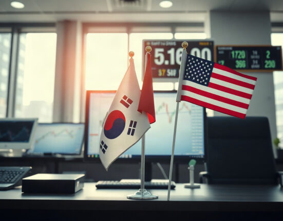 South Korean and US flags with financial charts in background