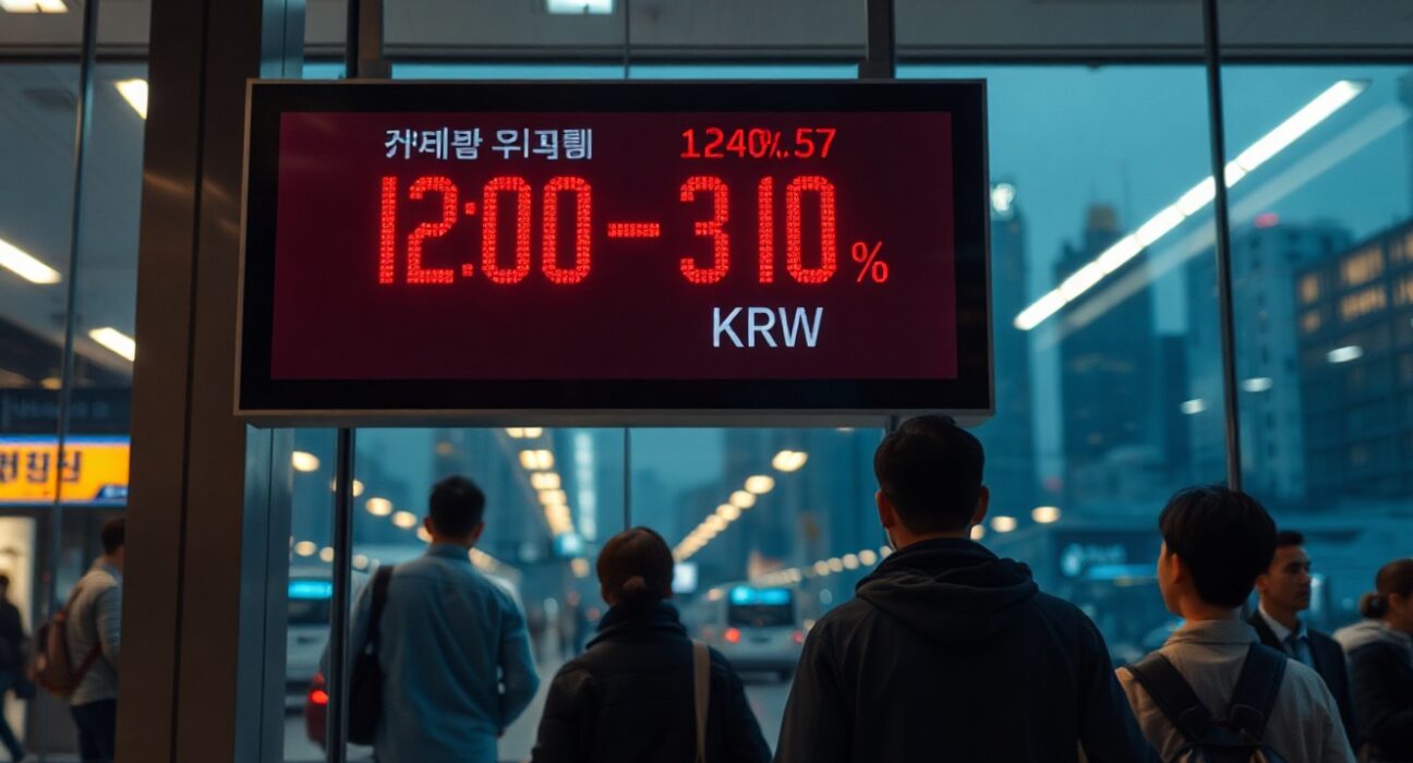 Currency exchange board showing South Korean Won rate in red against blurred city background