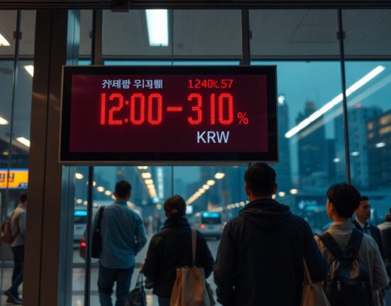 Currency exchange board showing South Korean Won rate in red against blurred city background
