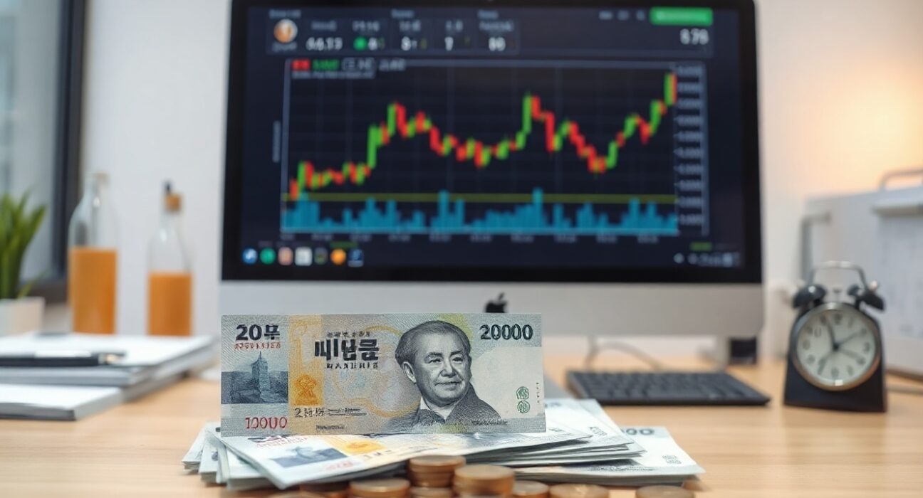South Korean won banknotes and coins on a desk with a monitor showing exchange rate charts