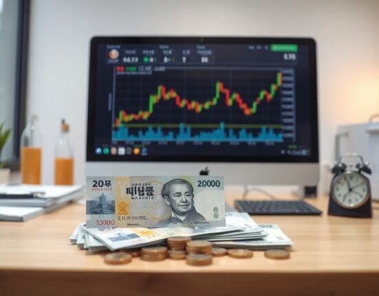 South Korean won banknotes and coins on a desk with a monitor showing exchange rate charts
