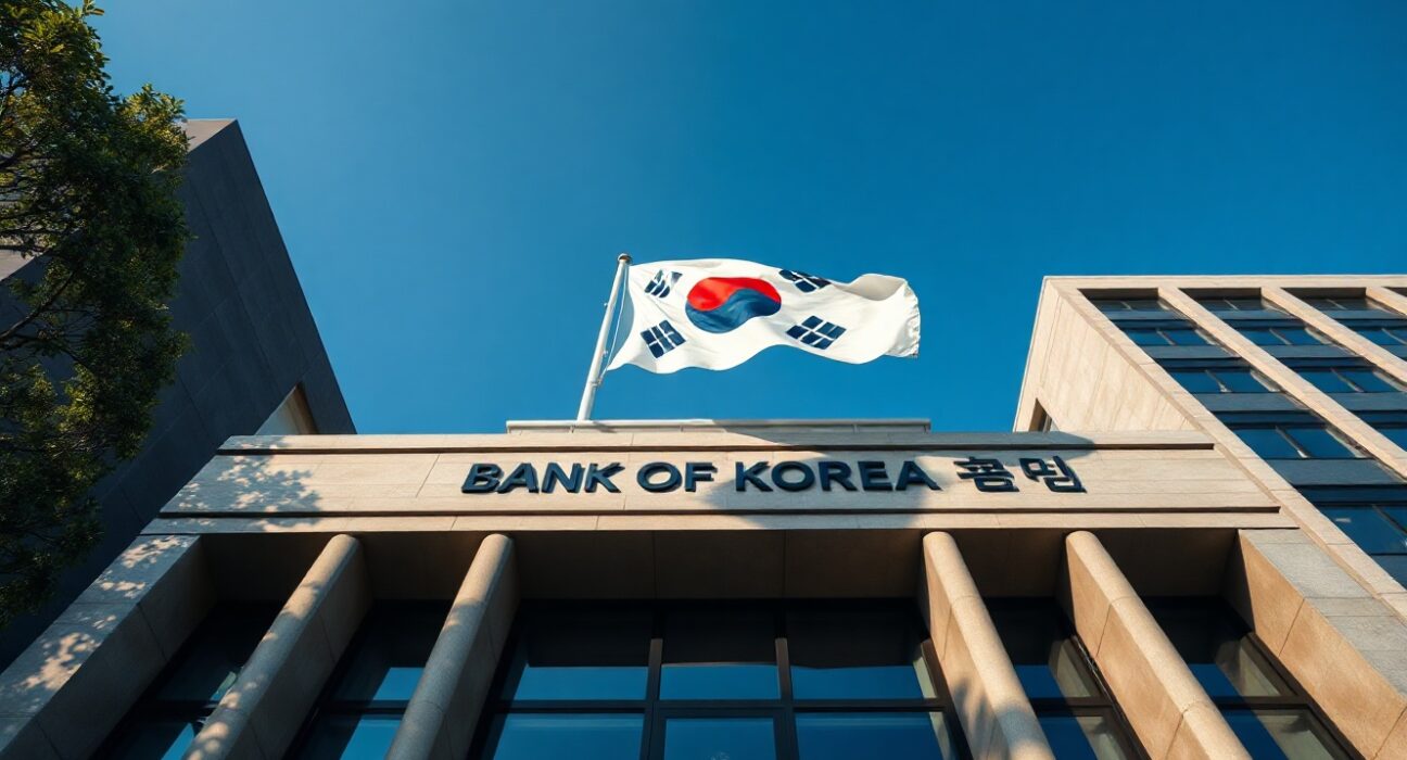 South Korean flag flying in front of the Bank of Korea headquarters in Seoul