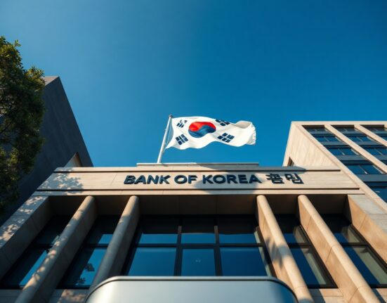 South Korean flag flying in front of the Bank of Korea headquarters in Seoul